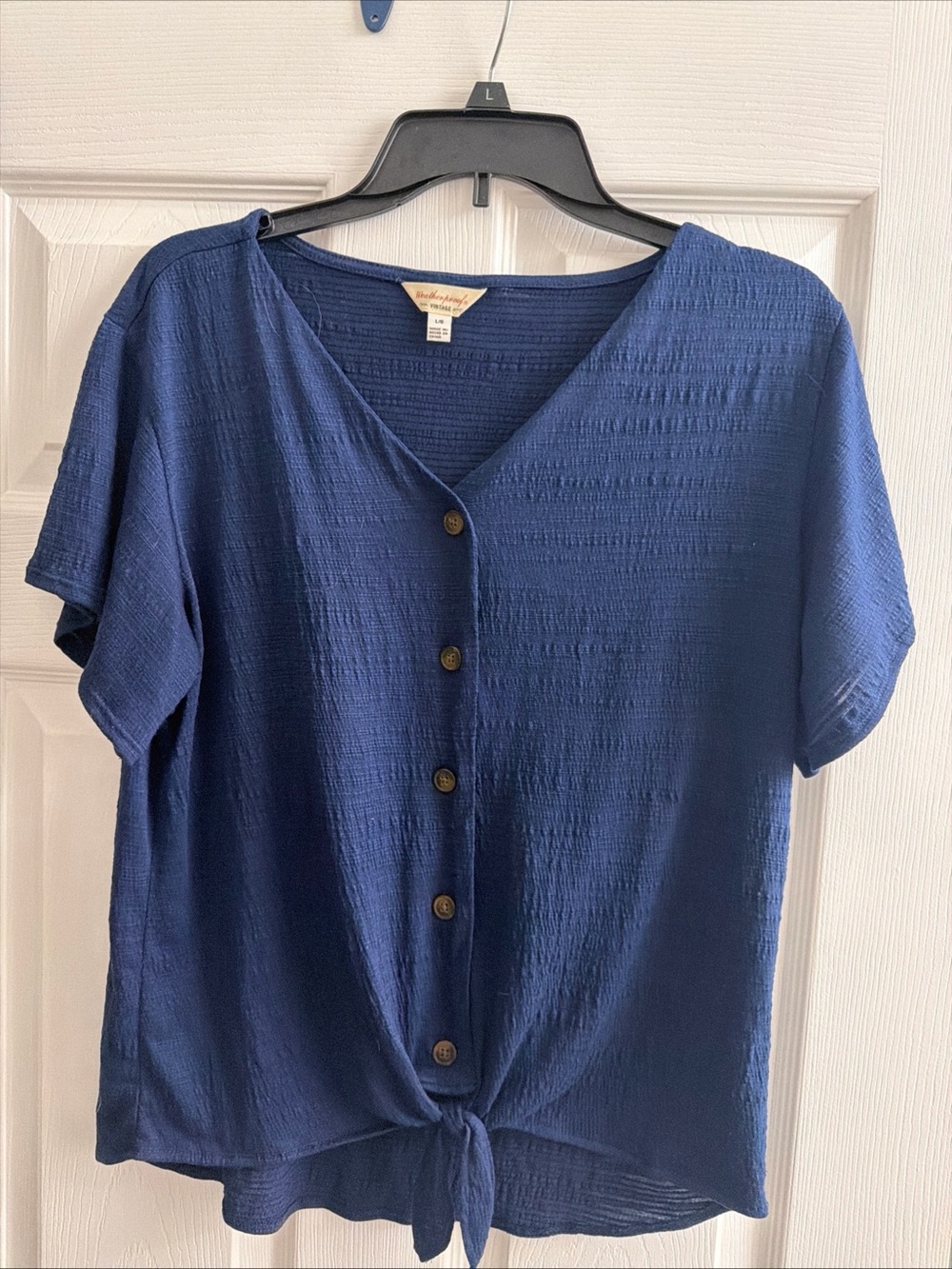 Weatherproof Navy Button-Front Tie-Hem Blouse